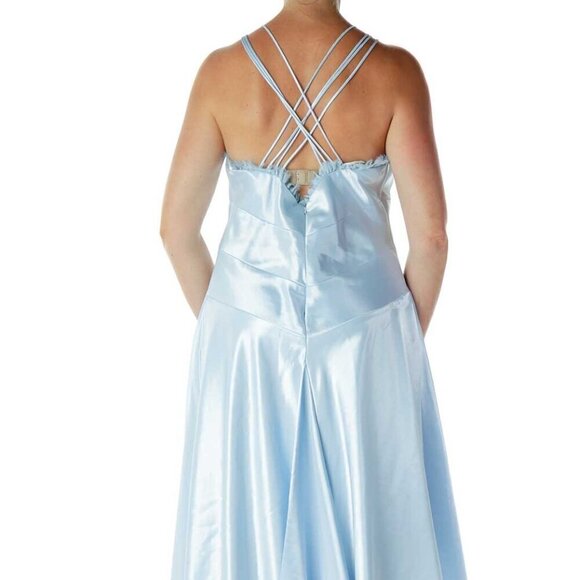 Neblon Blue Satin V-Neck Evening Dress - Picture 3 of 3